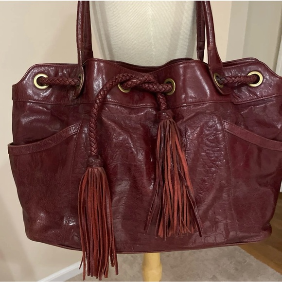 CHARLES DAVID BOHO HOBO BAG TOTE W/ BRAIDED DRAWSTRING TASSELS Burgundy/Oxblood - Picture 2 of 15